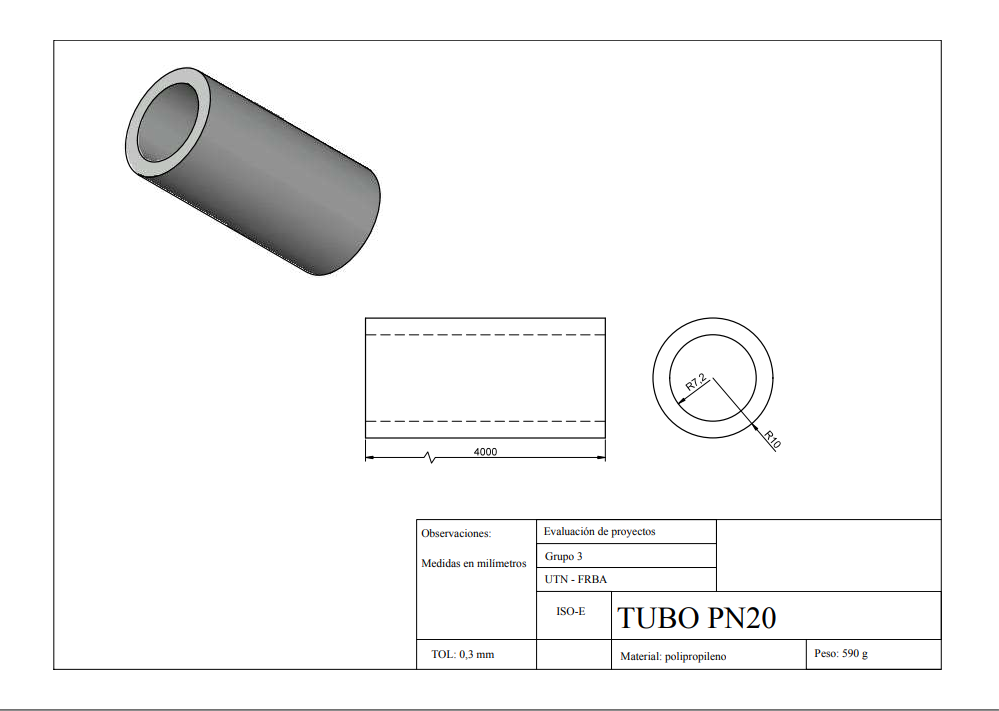 Plano ISO-E del tubo PN20, 20 mm.